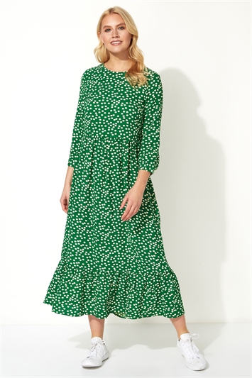 Green Polka Dot Print Tiered Maxi Dress
