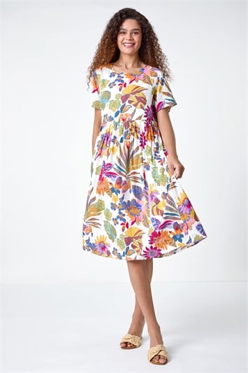 Multi Floral Print Cotton Midi Dress
