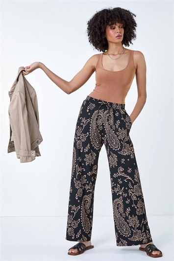 Black Paisley Print Textured Jersey Trousers