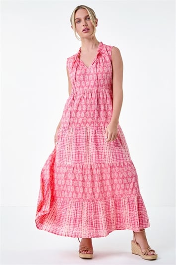Pink Petite Tie Dye Tiered Midi Dress