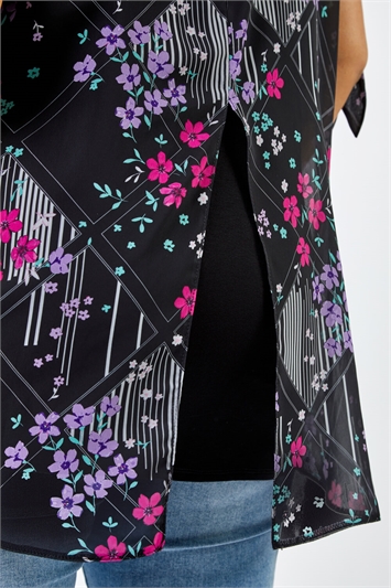 Black Curve Floral Print Chiffon Overlay Top, Image 5 of 5
