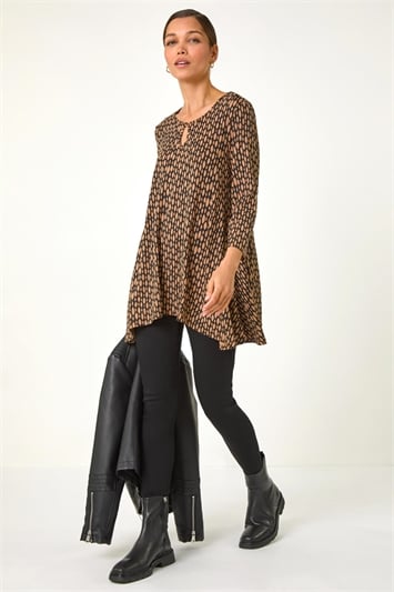 Brown Abstract Linear Print Cutout Tunic Top
