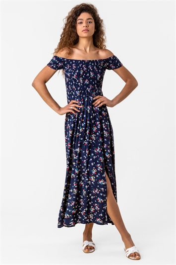 Navy Shirred Floral Print Bardot Dress