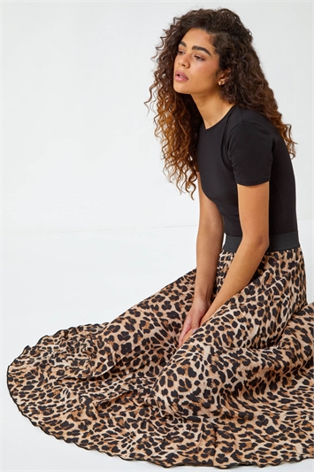 Brown Animal Print Pleated Midi Skirt