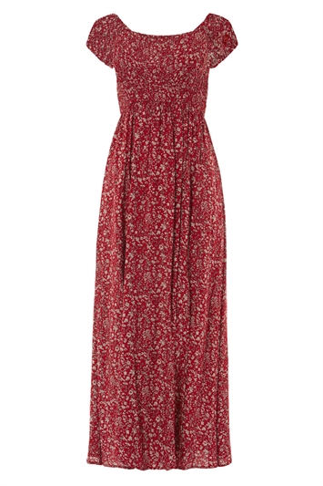 Red Floral Shirred Bardot Maxi Dress, Image 3 of 4