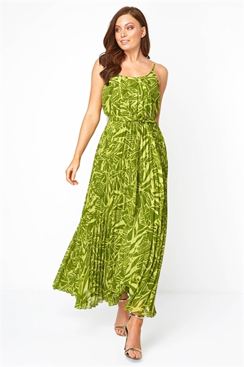 Green Abstract Print Pleated Maxi Dress