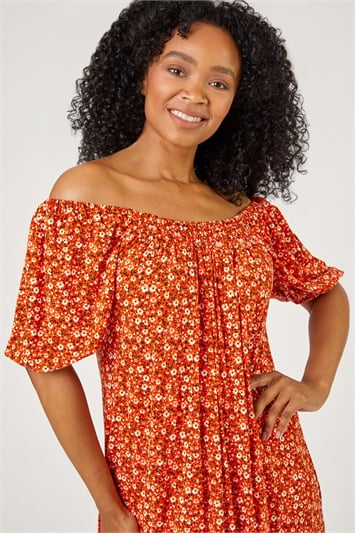 Red Petite Ditsy Floral Print Jersey Tunic Dress
