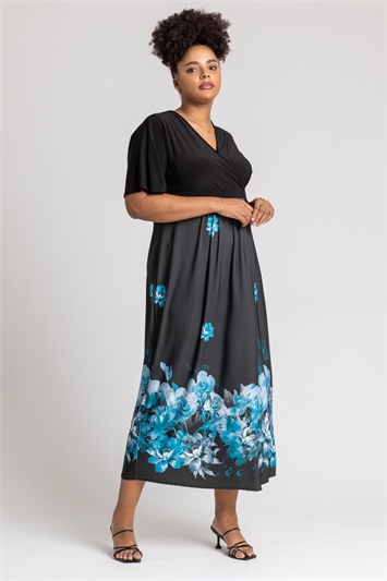 Royal Blue Curve Floral Border Print Maxi Dress, Image 3 of 4