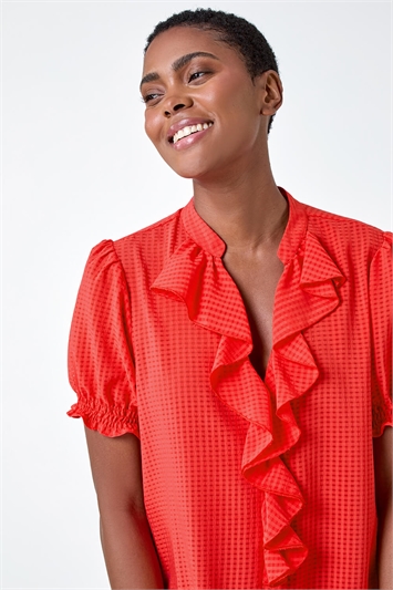 Orange Waffle Textured Frill Detail Top