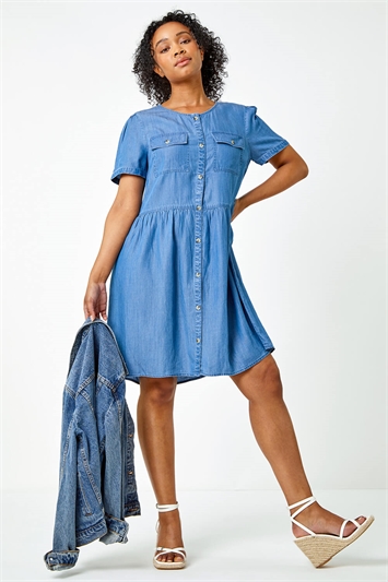 Blue Petite Pocket Detail Denim Dress