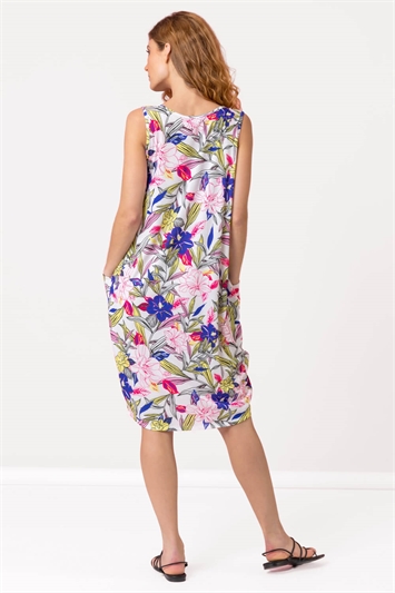 White Floral Print Slouch Pocket Dress, Image 2 of 4