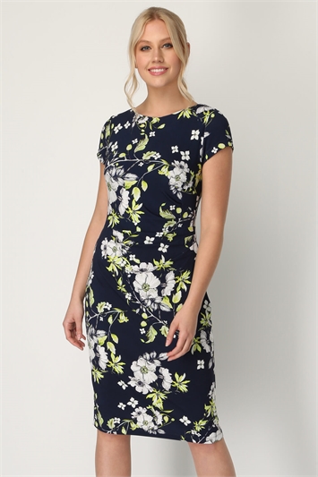Floral Ruched Waist Fitted Dress in NAVY - Roman Originals UK