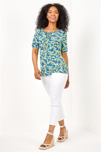 Blue Petite Floral Print Stretch Jersey Gypsy Top, Image 3 of 5