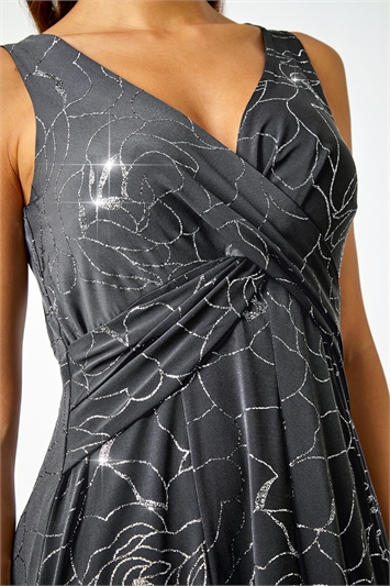 Grey Floral Glitter Print Midi Stretch Dress