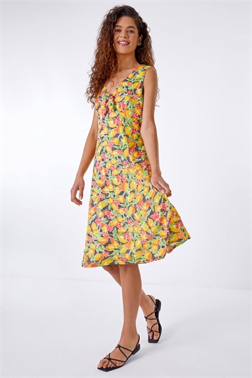 Yellow Burnout Lemon Print Knotted Dress, Image 4 of 5