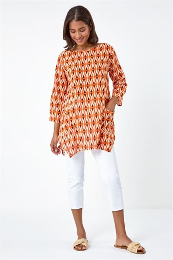 Orange Cotton Geometric Pocket Longline Tunic Top
