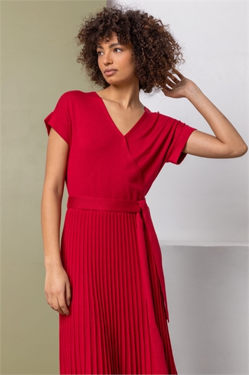 Red Belted Wrap Pleated Knit Dress