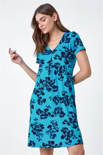 Blue Floral Pleat Front Stretch Pocket Dress