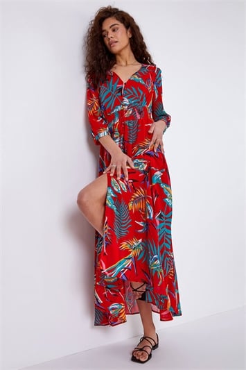 Red Tropical Print Belted Maxi Dress