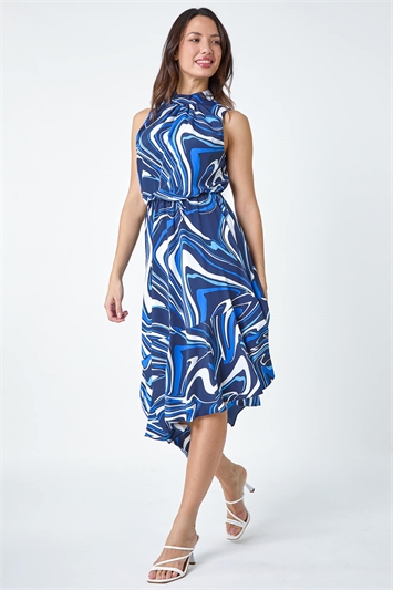 Blue Sleeveless Swirl Print Asymmetric Midi Dress