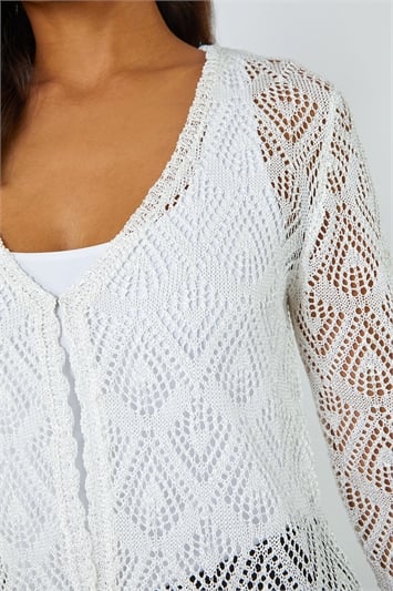 White Knitted Crochet Shimmer Shrug