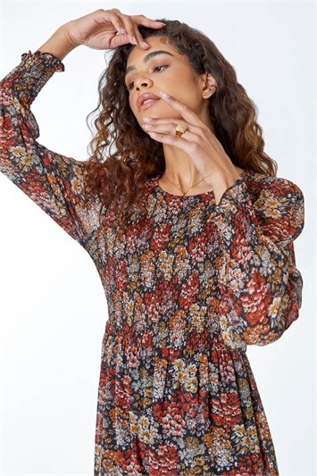 Rust Floral Print Tiered Shirred Midi Dress, Image 4 of 5