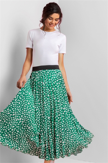 Green Abstract Spot Pleated Midi Skirt