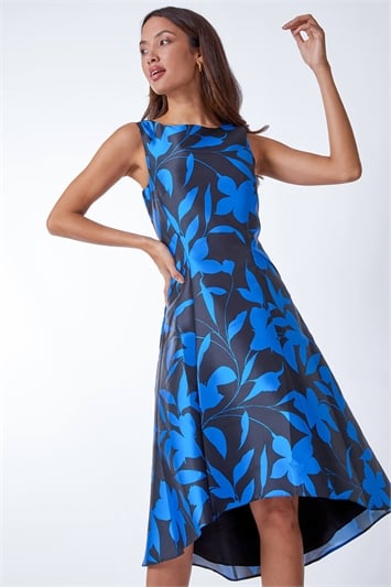 Blue Floral Print Dipped Hem Jacquard Dress