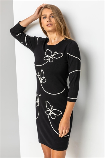 Black Butterfly Embellished Knitted Dress