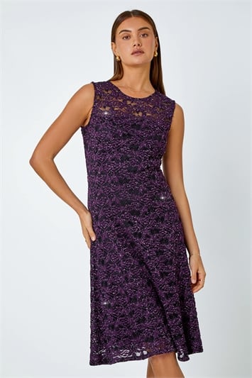 Purple Sleeveless Glitter Lace Stretch Dress