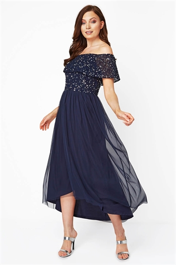 Blue Bardot Sequin Midi Dress