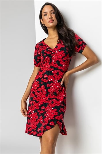 Red Floral Print Frill Hem Tea Dress