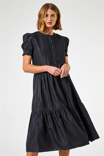 Black Denim Puff Sleeve Tiered Midi Dress