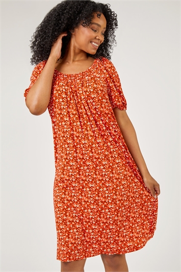 Red Petite Ditsy Floral Print Jersey Tunic Dress, Image 2 of 5