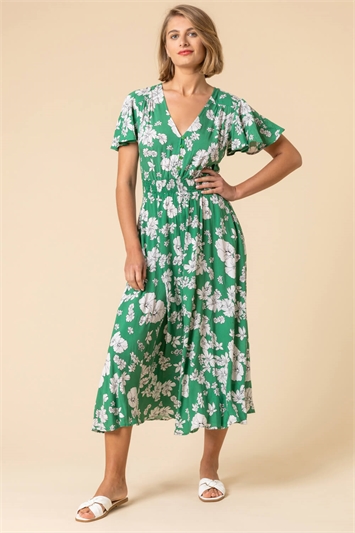 Green Floral Print Tiered Midi Dress, Image 3 of 5