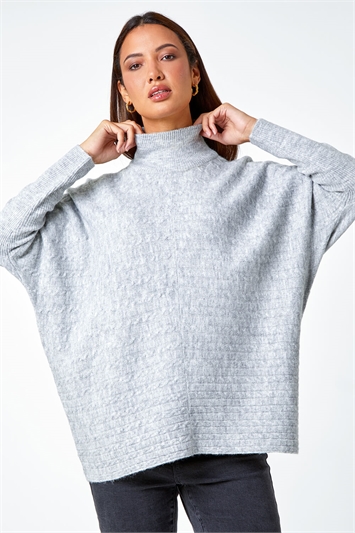 Grey Cable Knit Roll Neck Stretch Longline Jumper