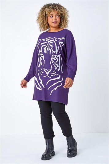 Purple Curve Tiger Print Embellished Jumper