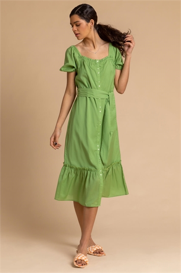 Pea Green Puff Sleeve Button Through Midi Dress, Image 3 of 5