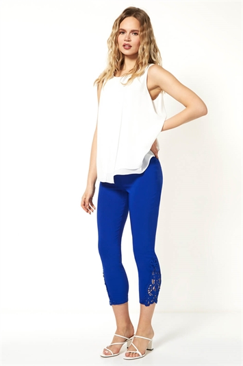 Royal Blue Lace Insert Crop Stretch Trousers , Image 4 of 5