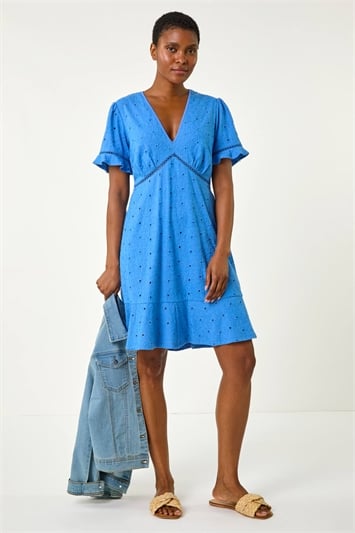 Blue Embroidered Cotton Stretch Jersey Frill Dress