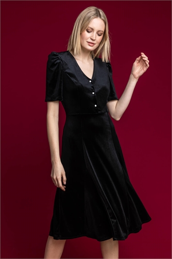 Black Velvet Button Detail Midi Dress