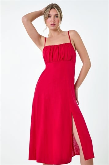 Red Ruched Linen Blend Midi Dress