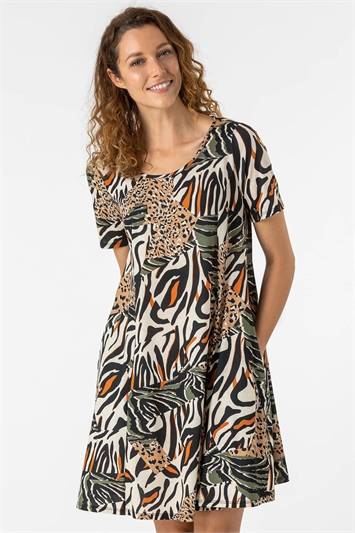 Khaki Animal Print Stretch Swing Dress, Image 1 of 5