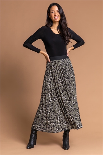 Khaki Animal Print Pleated Maxi Skirt, Image 5 of 5