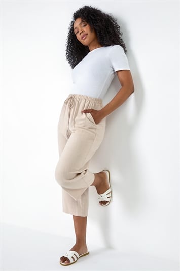 White Petite Linen Mix Wide Cropped Trousers