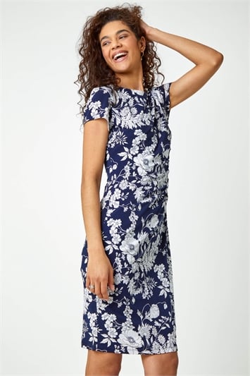 Blue Floral Print Side Ruched Dress