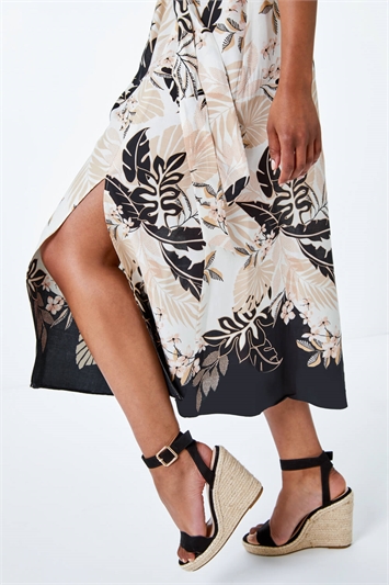 Beige Petite Tropical Print Frill Detail Midi Dress , Image 5 of 5