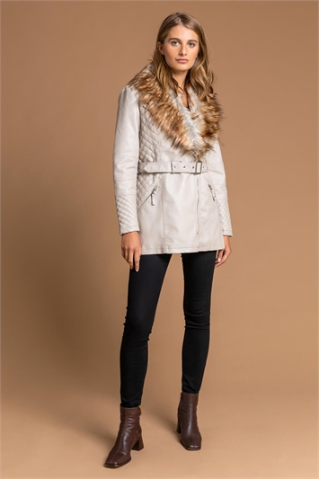Ivory Longline Faux Leather Belted Coat