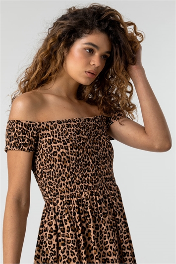 Brown Shirred Animal Print Bardot Dress