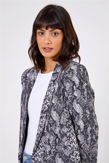 Grey Animal Ruched Sleeve Blazer Jacket, Image 4 of 5